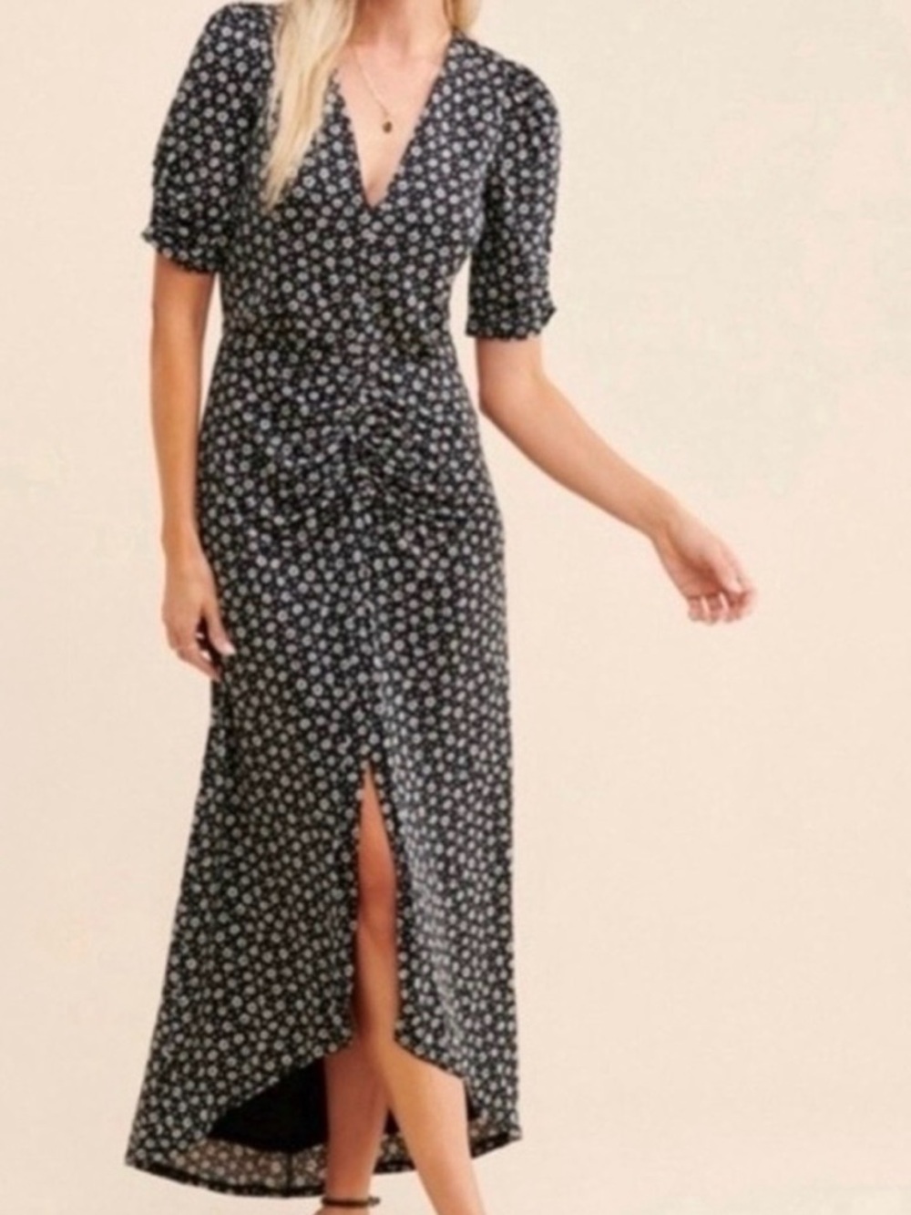 AFRM Black Floral Midi Dress with Front Slit Size S